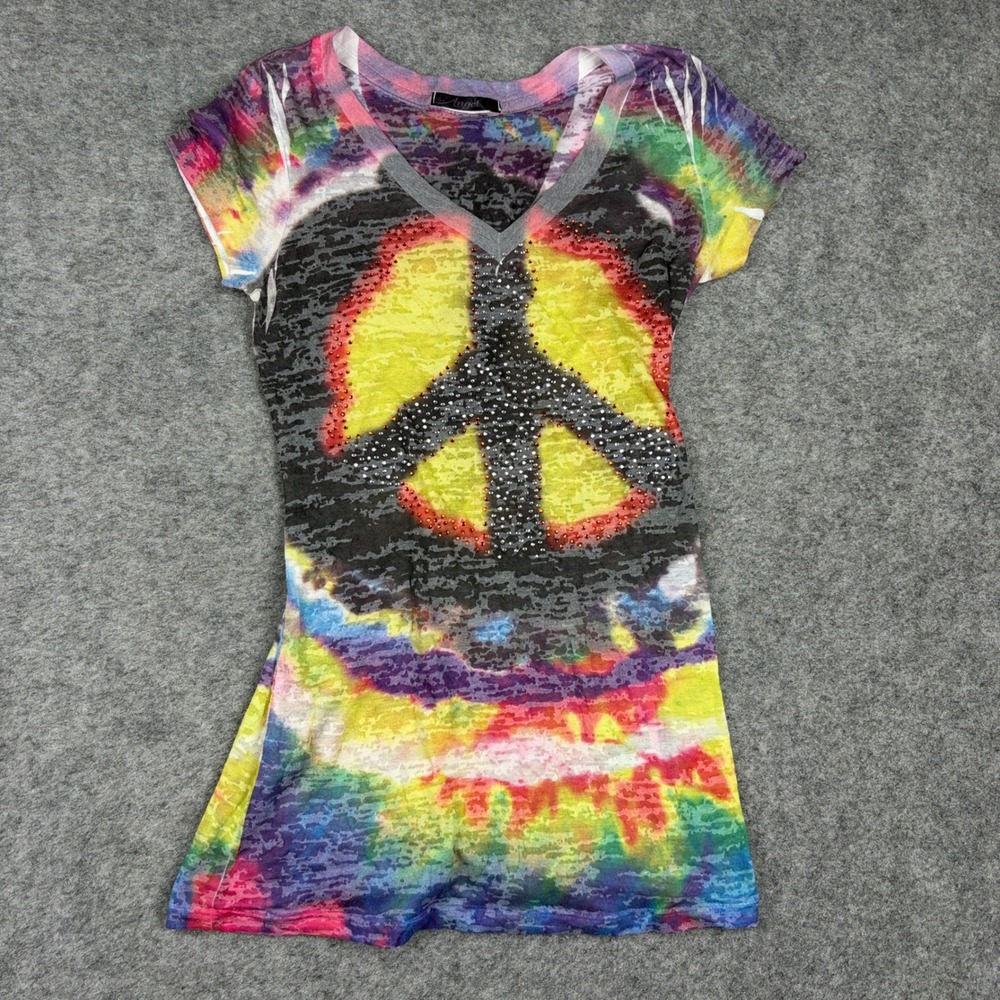 Angel T Shirt Womens Small Tie Dye Peace Sign Rhinestone Burnout Y2K Preppy